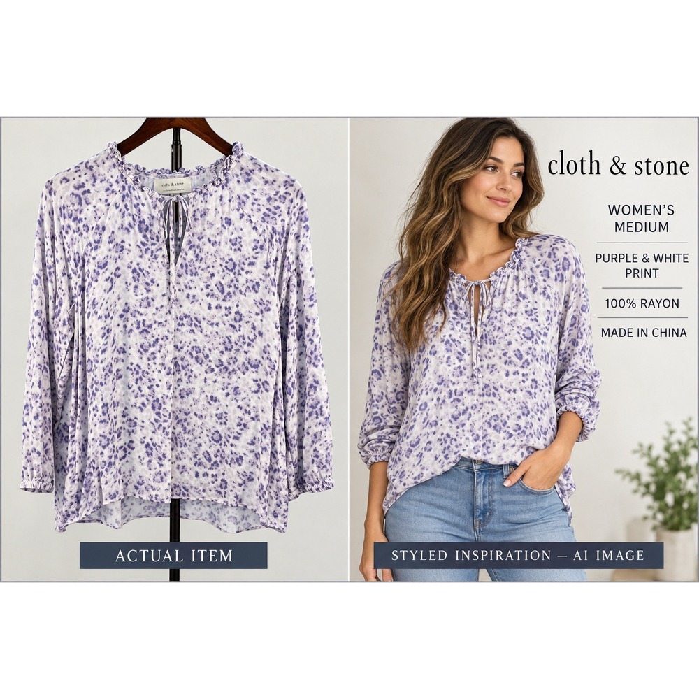 Cloth &‎ Stone Purple Animal Print Ruffle Keyhole Blouse M Anthropologie Boho
